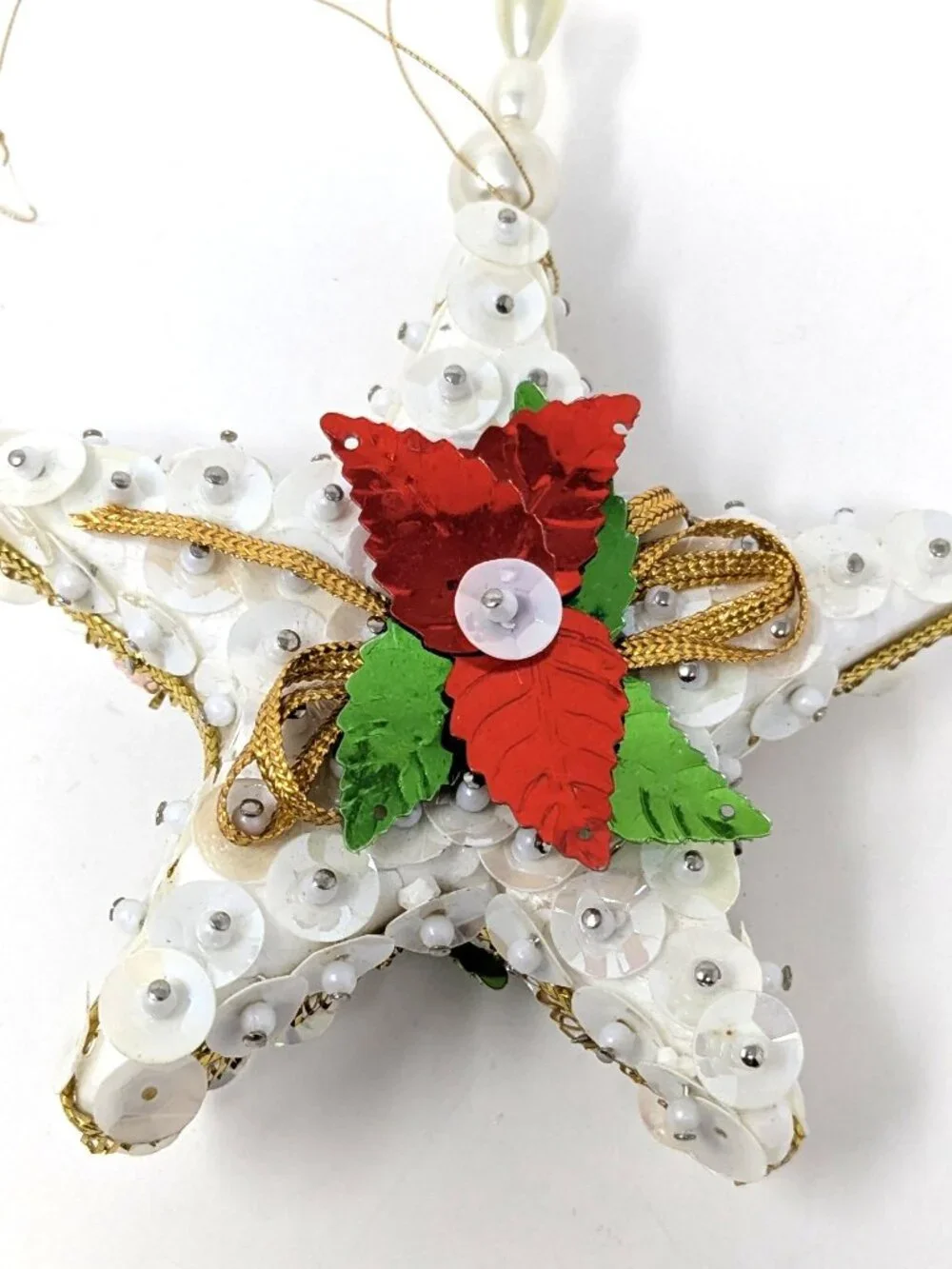 Vintage Handmade Push Pin Ornaments Bead Sequin White Set 3 Snowman Bell Star